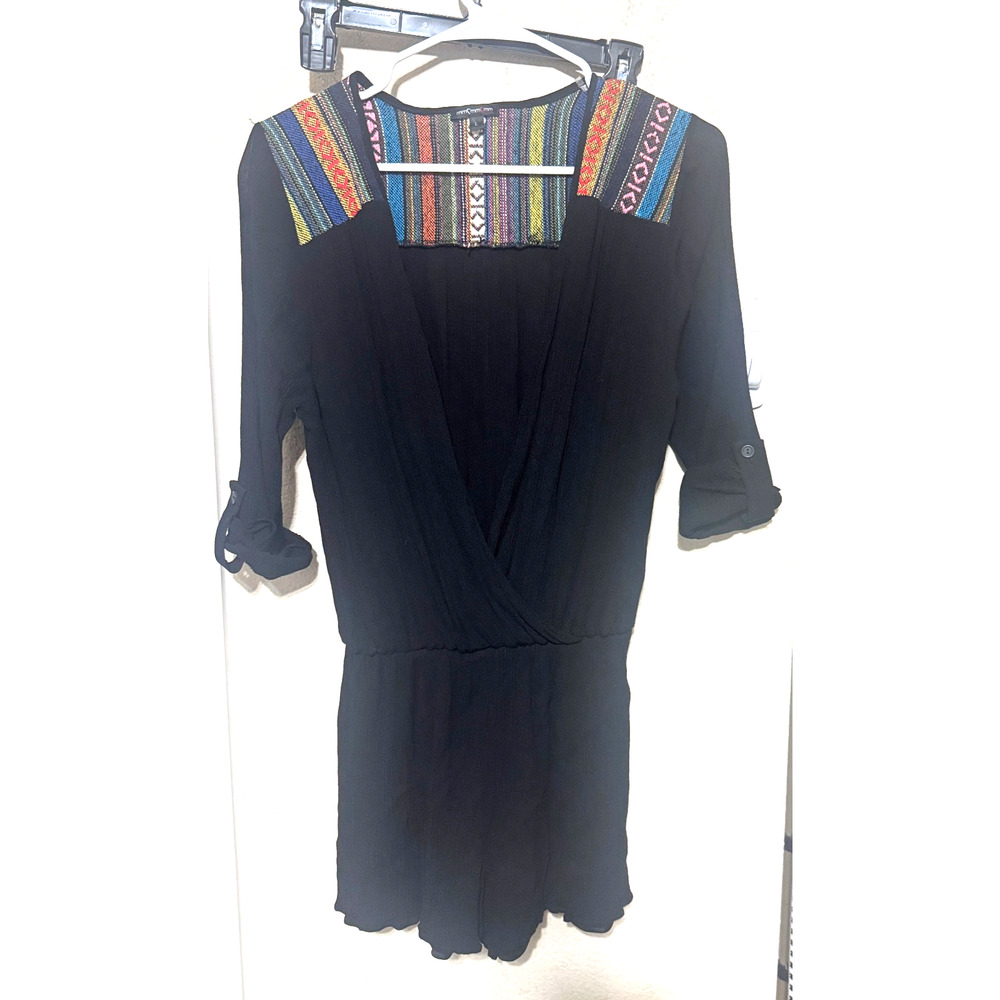 Black Gauzy Romper Boho short colorful embroidery sz L Baha Peruvian long sleeve